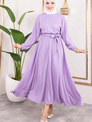 Lila Beli Büzgülü Kemerli Elbise