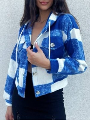 Mavi Kapüşonlu Ekose Polar Crop Ceket