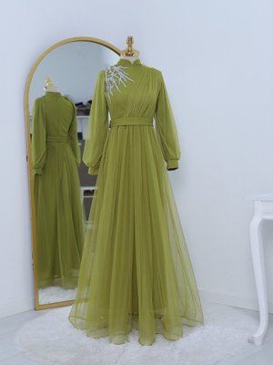 Yağ Yeşili Önü Taş Detaylı Drapeli Kemerli Tül Abiye Elbise