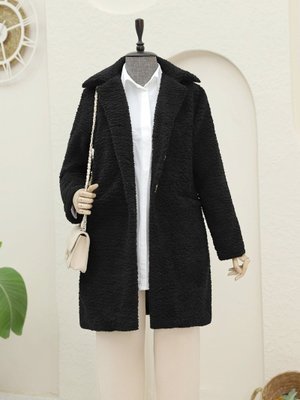 Siyah Düğmeli Astarlı Önden Cepli Peluş Kaban