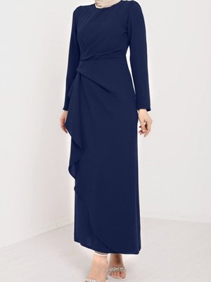 Lacivert Önü Allerli Eteği Asimetrik Krep Elbise