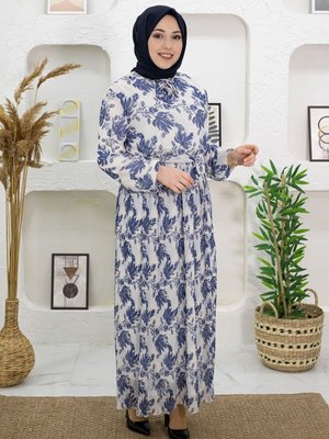 Lacivert Çiçek Desenli Elbise