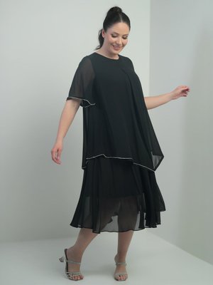Siyah Kısa Volan Kollu Astarlı Taş Detaylı Büyük Beden Şifon Midi Elbise