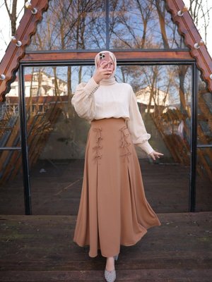 Koyu Camel Ankanoor Fiyonklu Keten Uzun Etek