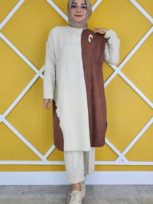 Kahverengi Garnili Broş Detaylı Tunik Kahverengi Garnili Broş Detaylı Tunik