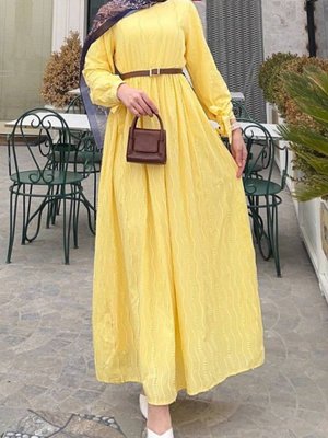 Sarı Belden Lastikli Maşeti Bağcıklı Elbise Sarı Belden Lastikli Maşeti Bağcıklı Elbise