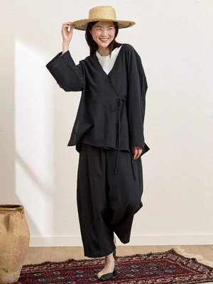 Siyah Organik Keten Bağlamalı Tunik