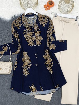 Lacivert Desenli Boydan Düğmeli Arkası Uzun Viskon Tunik