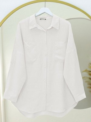 Beyaz Çift Cepli Oval Kesim Kolu Katlamalı Gömlek Tunik