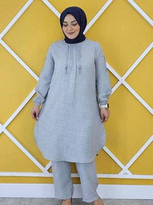 Gri Nervür Dikim Detaylı İkili Takım