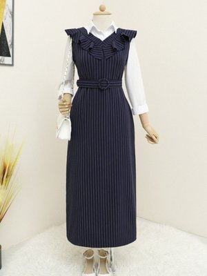 Lacivert Yakası Fırfırlı Çizgili Kemerli Jile Elbise Lacivert Yakası Fırfırlı Çizgili Kemerli Jile Elbise