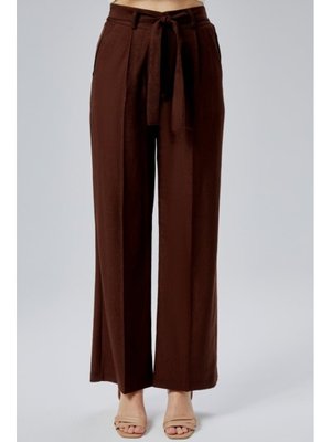 Kahverengi Keten Yazlık Beli Lastikli Ve Kuşaklı Pantolon
