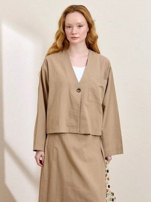 Karamel Organik Keten Tek Cepli Ceket