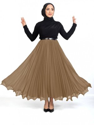 Vizon Uzun Volanlı Beli Lastikli Şifon Pliseli Etek Vizon Uzun Volanlı Beli Lastikli Şifon Pliseli Etek