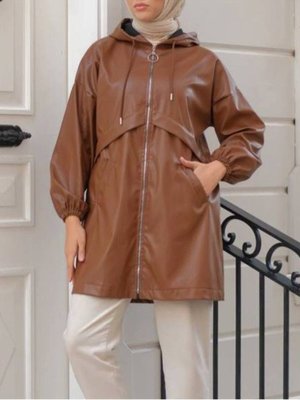 Taba Kapüşonlu Cepli Deri Kap