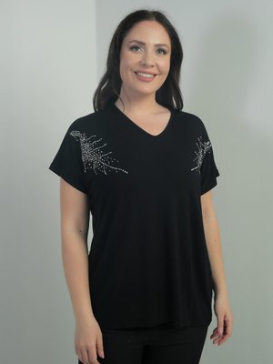 Siyah Omuzu Taş Baskılı V Yaka Yarasa Kol B.b. Bluz