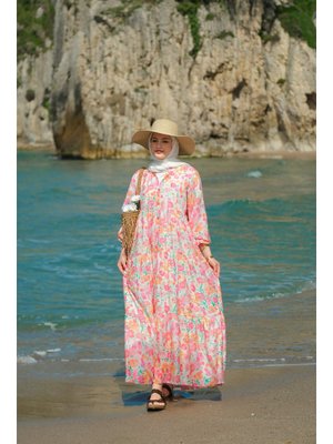 Pembe Sarmaşık Çicek Desenli Elbise Pembe Sarmaşık Çicek Desenli Elbise