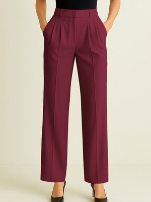 Bordo Tek Düğmeli Önü Katlama Detaylı Cepli Pantolon