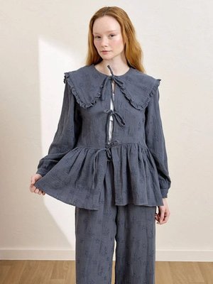 Fistolu Müslin Robalı Fiyonklu Bluz Dark İndigo