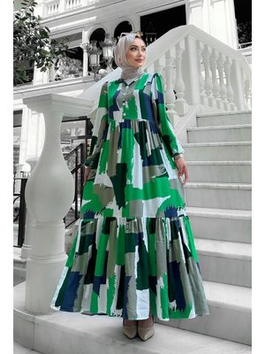 Yeşil Lena Desenli Viskon Elbise