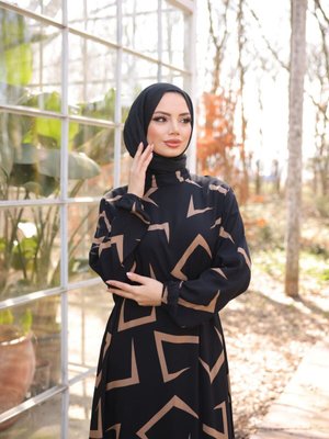 Siyah Kahve Ankanoor Asimetrik Desenli Viskon Elbise
