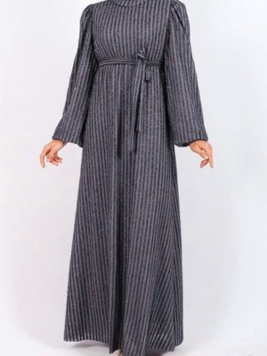 Gri Kolu Lastikli Sim Çizgili Kemerli Elbise