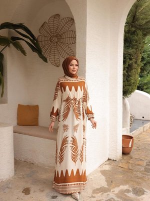 Taba Ankanoor Yaprak Desenli Viskon Elbise