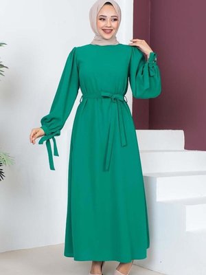 Yeşil Kolları Bağlamalı Elbise