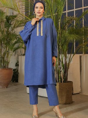 İndigo Düğmeli Dantel İşlemeli Salaş Keten Tunik