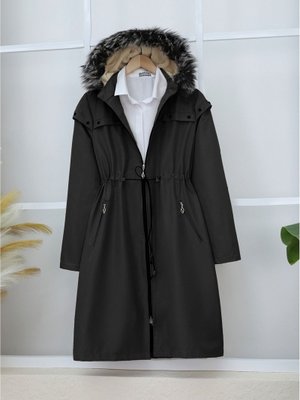 Siyah Çıkma Kapüşonlu Yıldız Metal Detaylı Kaban