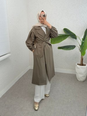 Haki Kolu Lastikli Kemerli Astarlı Trençkot