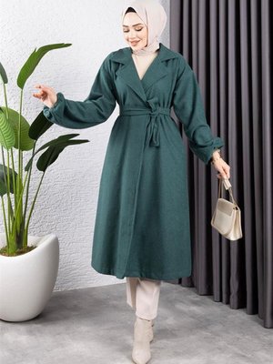 Zümrüt Yeşili Kruvaze Yakalı Kaşe Kaban