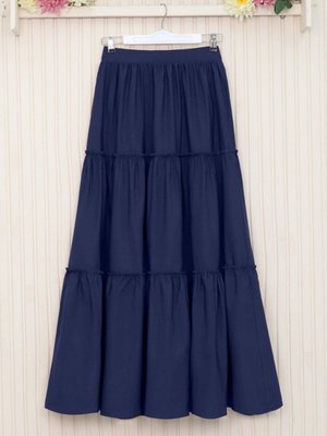 Lacivert Uzun Parçalı Beli Lastikli Etek