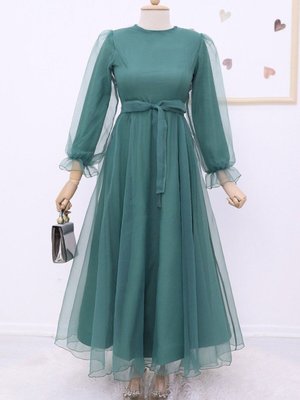 Mint Kabarık Kol Ve Etekli Kuşaklı Tül Abiye Elbise
