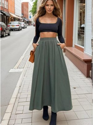 Haki Beli Lastikli A Kesim Salaş Yüksek Bel Kupra Uzun Etek Haki Beli Lastikli A Kesim Salaş Yüksek Bel Kupra Uzun Etek