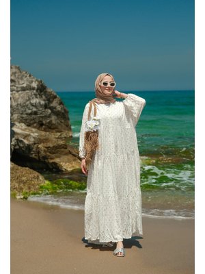 Krem Sim Boncuk Detaylı Elbise Krem Sim Boncuk Detaylı Elbise