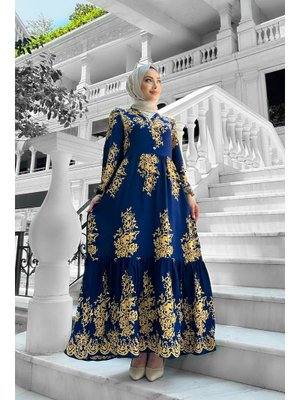 Lacivert Sultan Desenli Viskon Elbise