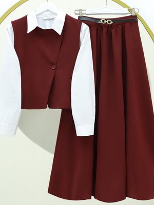 Bordo Çapraz Düğmeli Yelek Etek İkili Takım