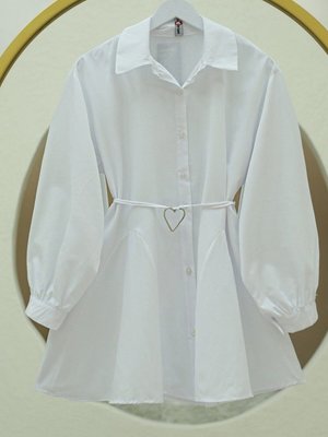 Beyaz Parça Kumaşlı Düğmeli Poplin Tunik