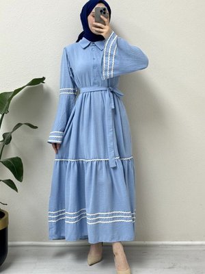 Bebe Mavi Kolları Ve Eteği Süzene İşlemeli Parçalı Elbise