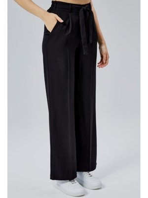Siyah Keten Yazlık Beli Lastikli Ve Kuşaklı Pantolon