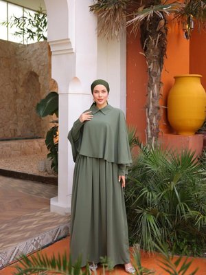 Haki Ankanoor Yakalı Pelerinli Abiye Elbise Haki Ankanoor Yakalı Pelerinli Abiye Elbise
