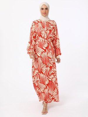 Yarım Patlı Baskılı Viskoz Elbise Kırmızı