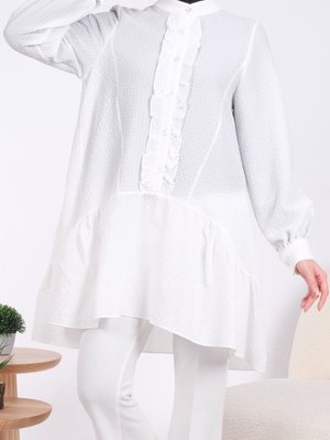 Beyaz Önden Düğmeli Eteği Fırfırlı Gofre Tunik