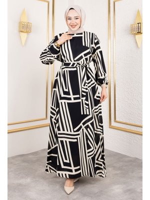 Siyah Çizgi Desenli Viskon Elbise