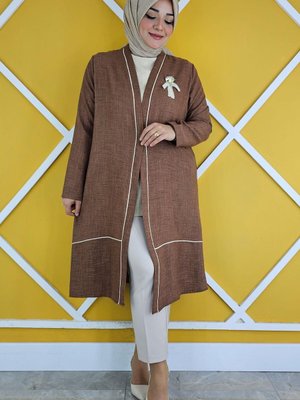 Kahverengi Broş Detaylı Kimono Bluzlu İkili Takım