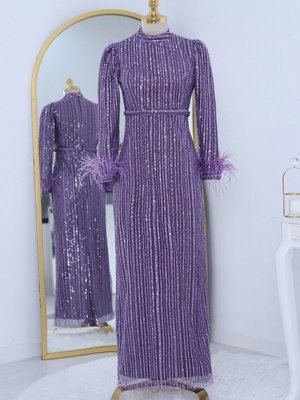 Lila Kolu Tüylü Boncuk Pul İşlemeli Tül Abiye Elbise