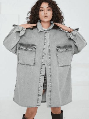 Gri Düz Gömlek Yaka Kuş Gözü Cepli Kot Ceket