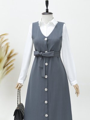 Gri Boydan Düğmeli Kuşaklı Çizgili Jile