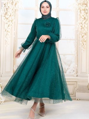 Zümrüt Kolu Lastikli Kuşaklı Simli Kabarık Tül Abiye Elbise